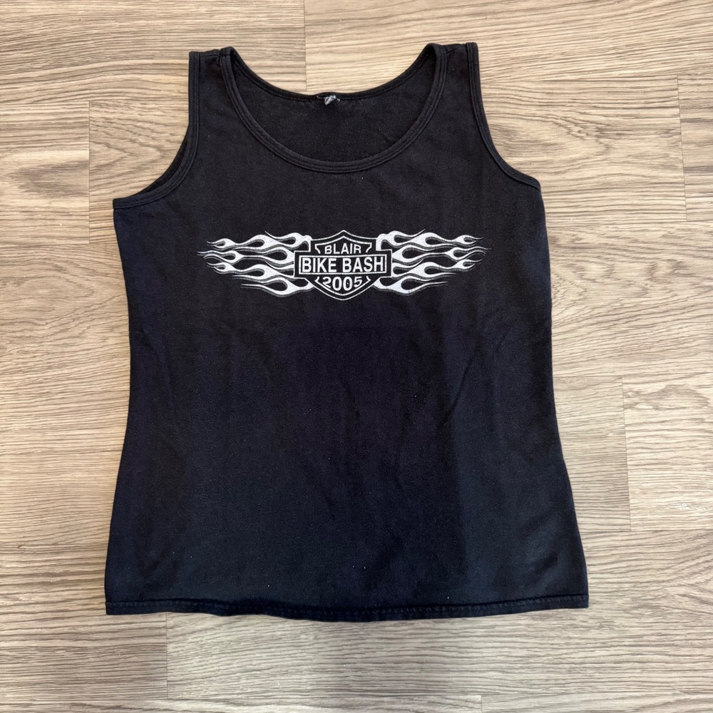 Vintage Y2K Harley Davidson Inspired Silver Flame Graphic Tank Top Black Medium